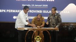 Pj Bupati Darwin Muksin Hadiri Penyerahan LHP Kinerja APBD dan JKN Semester II Tahun 2024 di BPK Perwakilan Sulut